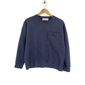 Daphne Sweatshirt Women Small Blue Pocket Crewneck Long Sleeve Cotton